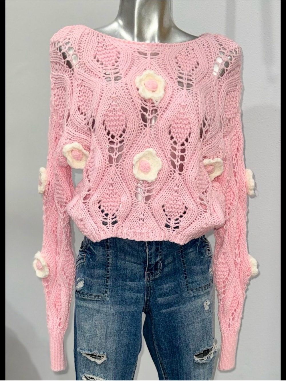 Forever 21 Pink Open-Knit Floral Appliqué Sweater